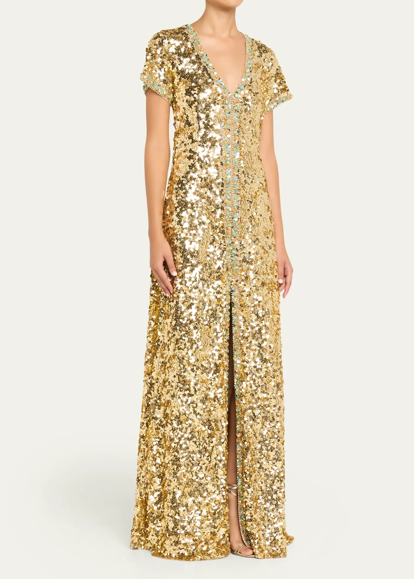 Atelier Prabal GurungVerushka Crystal Sequined Short-Sleeve Slit Gown