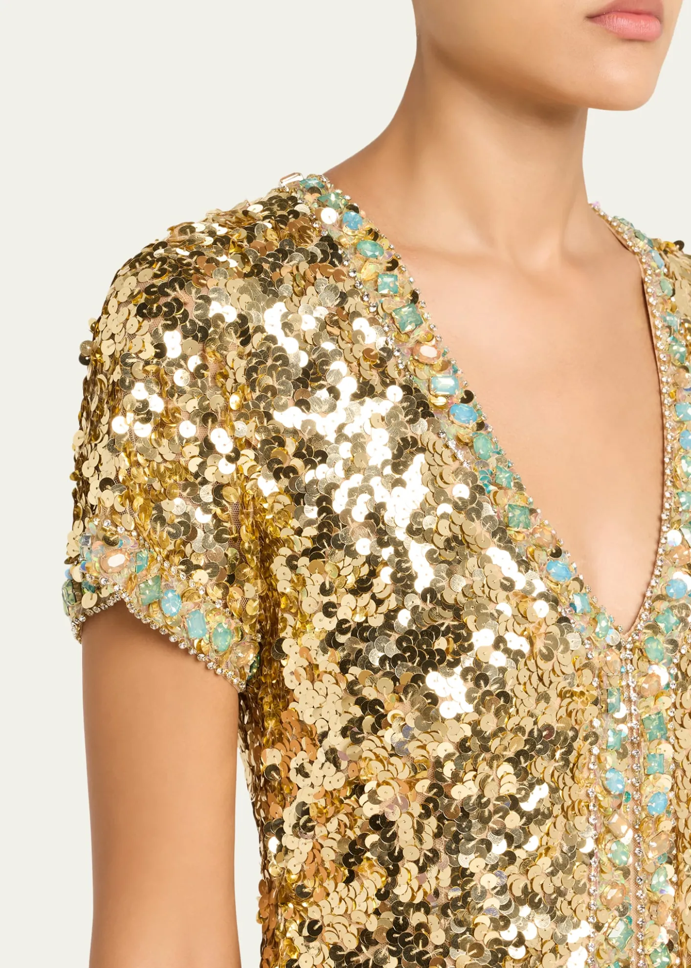 Atelier Prabal GurungVerushka Crystal Sequined Short-Sleeve Slit Gown