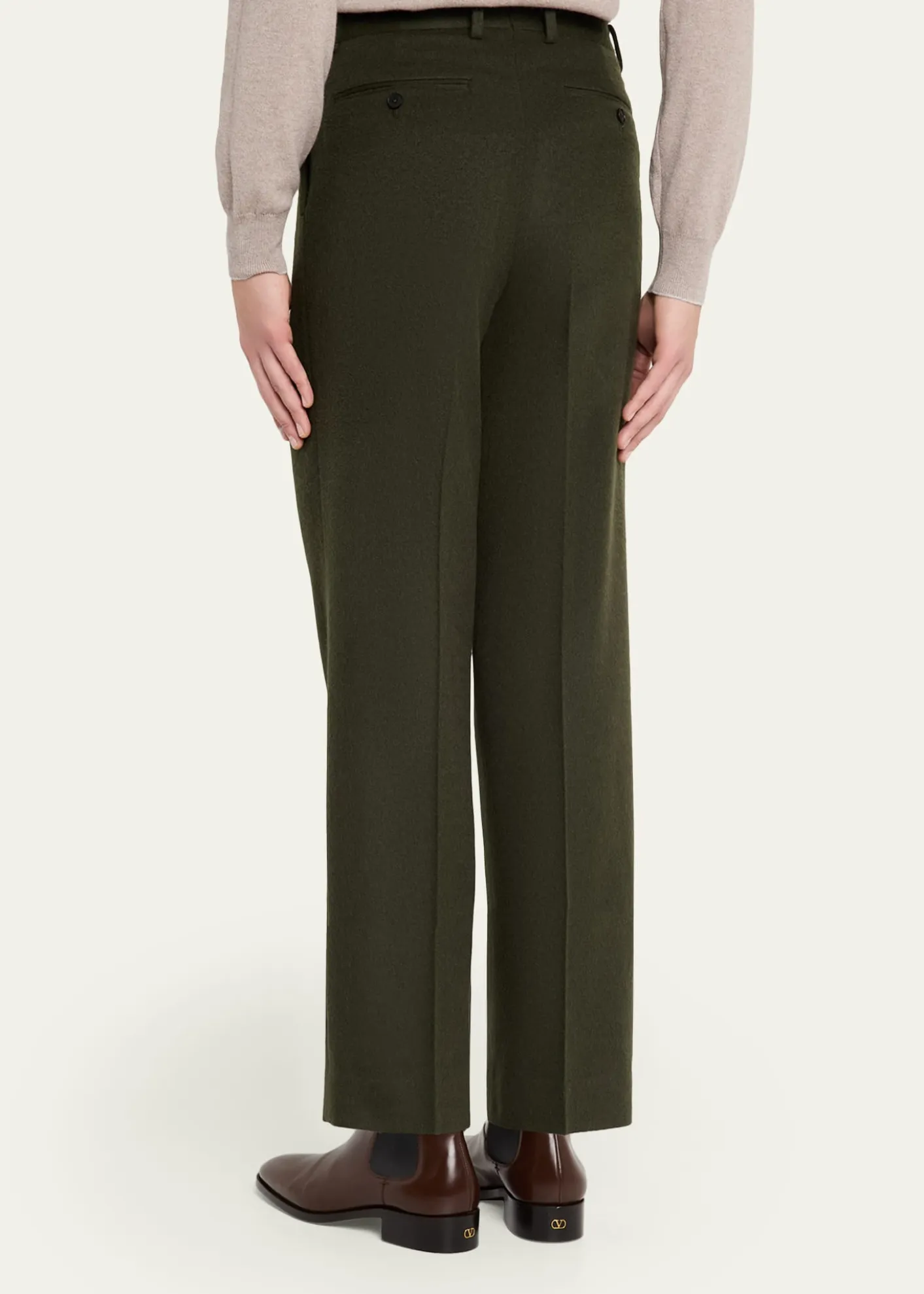 AURALEEMen's Dark Olive Pleated Wool Trousers