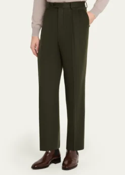 AURALEEMen's Dark Olive Pleated Wool Trousers