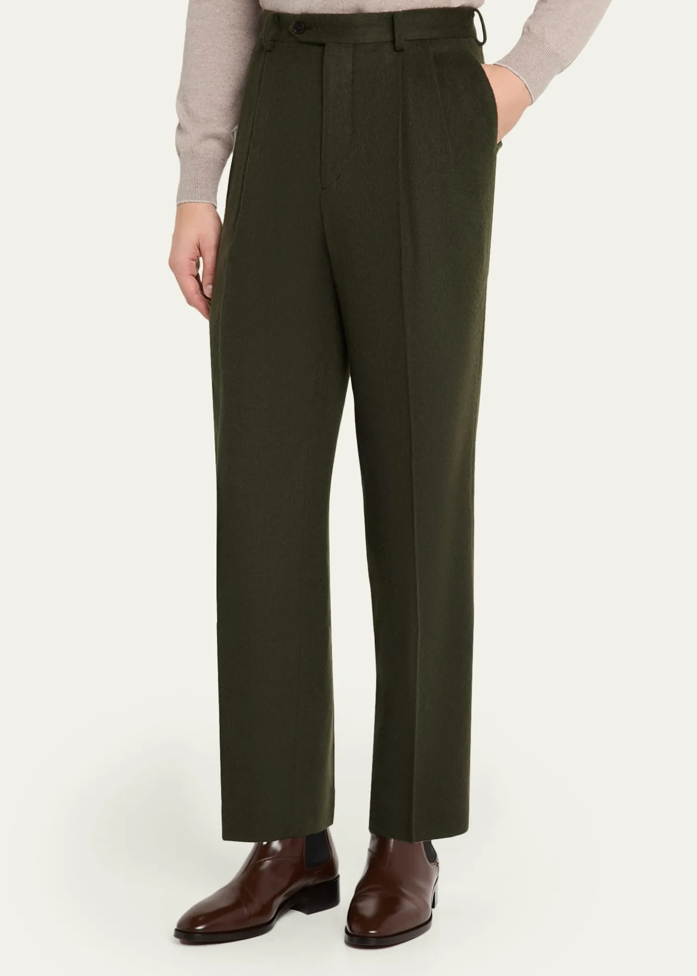 AURALEEMen's Dark Olive Pleated Wool Trousers
