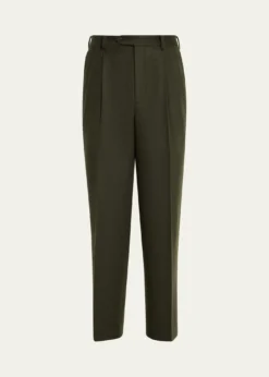 AURALEEMen's Dark Olive Pleated Wool Trousers