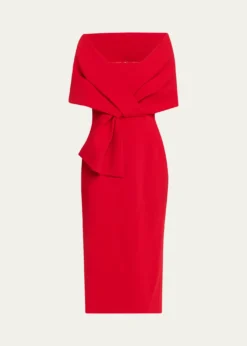 Badgley MischkaSquare-Neck Pleated Wrap Midi Dress