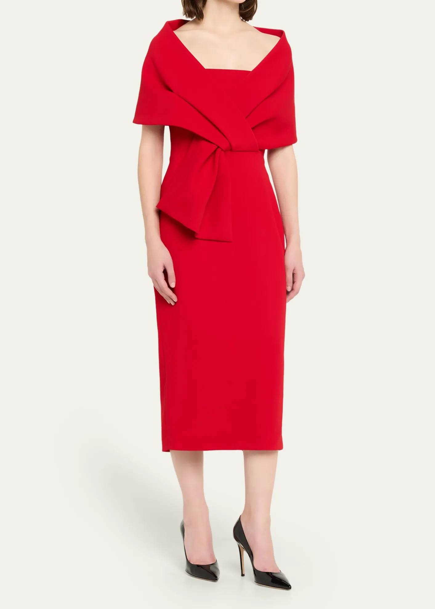 Badgley MischkaSquare-Neck Pleated Wrap Midi Dress