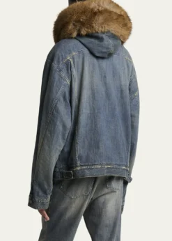 BalenciagaMen's Faux Fur-Trim Hooded Denim Trucker Jacket