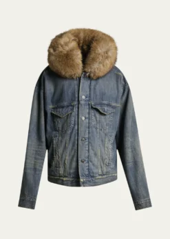 BalenciagaMen's Faux Fur-Trim Hooded Denim Trucker Jacket