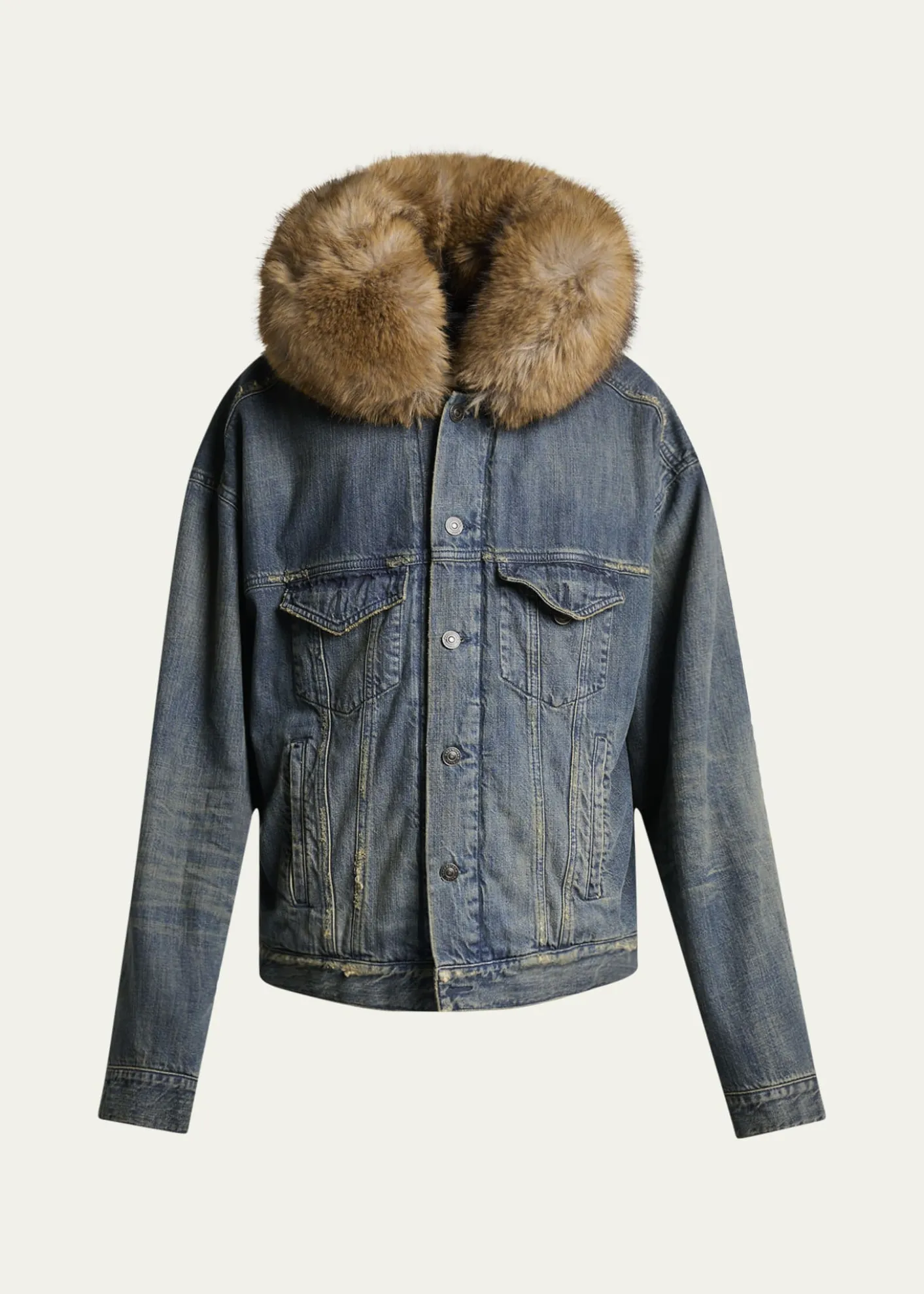 BalenciagaMen's Faux Fur-Trim Hooded Denim Trucker Jacket