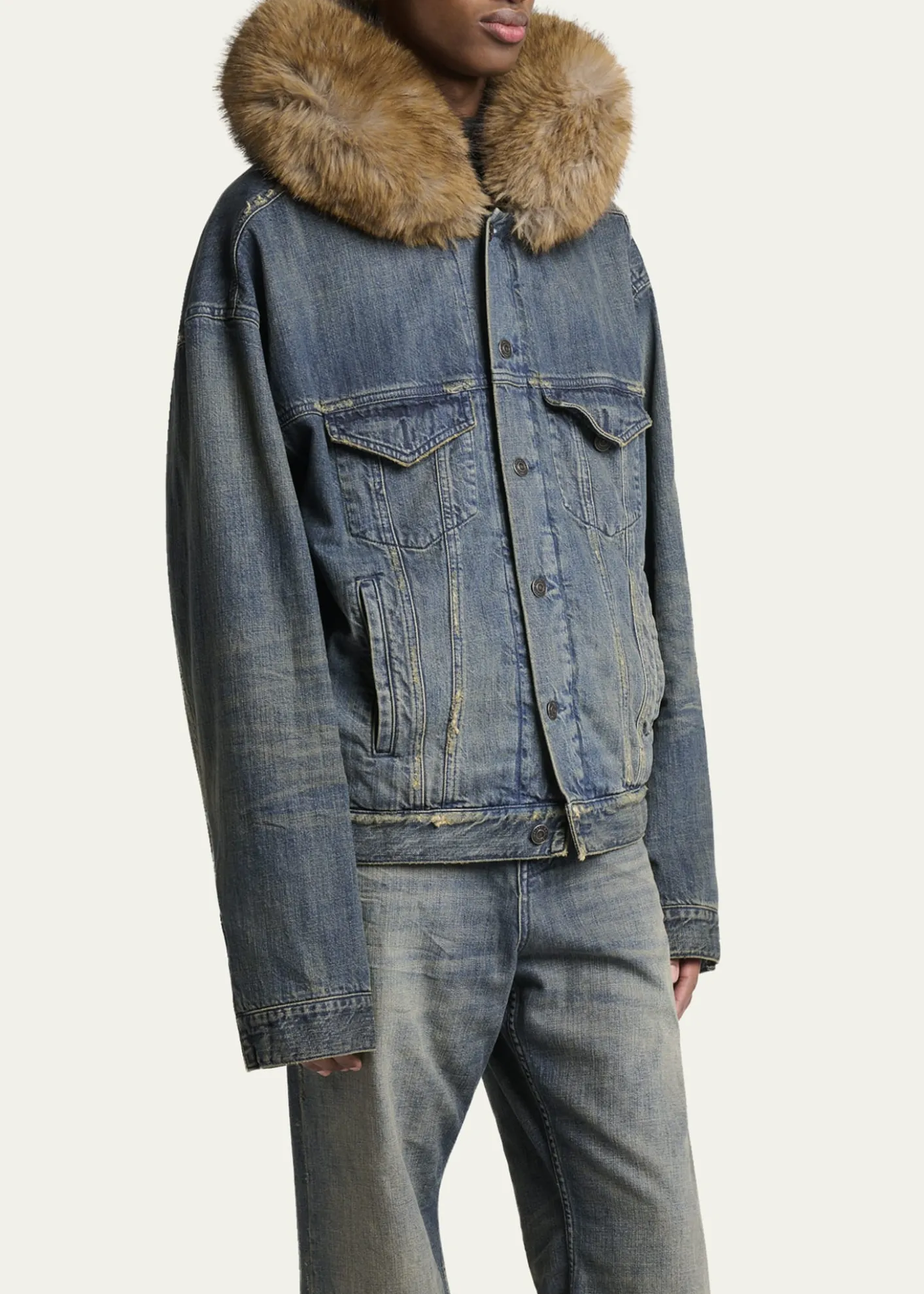 BalenciagaMen's Faux Fur-Trim Hooded Denim Trucker Jacket
