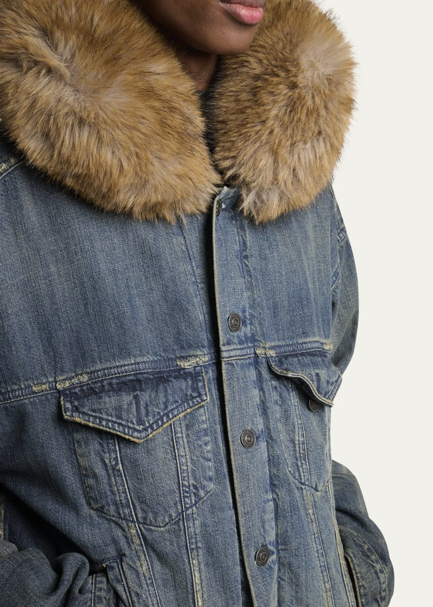 BalenciagaMen's Faux Fur-Trim Hooded Denim Trucker Jacket