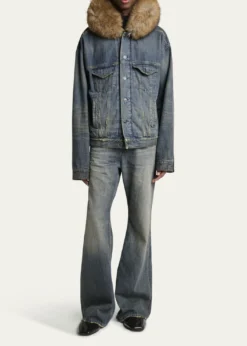 BalenciagaMen's Faux Fur-Trim Hooded Denim Trucker Jacket