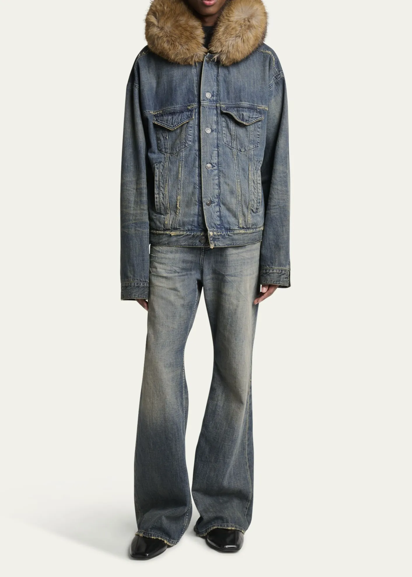 BalenciagaMen's Faux Fur-Trim Hooded Denim Trucker Jacket