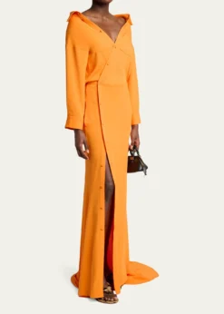 BalenciagaOff-The-Shoulder Silk Cady Asymmetric Maxi Shirtdress