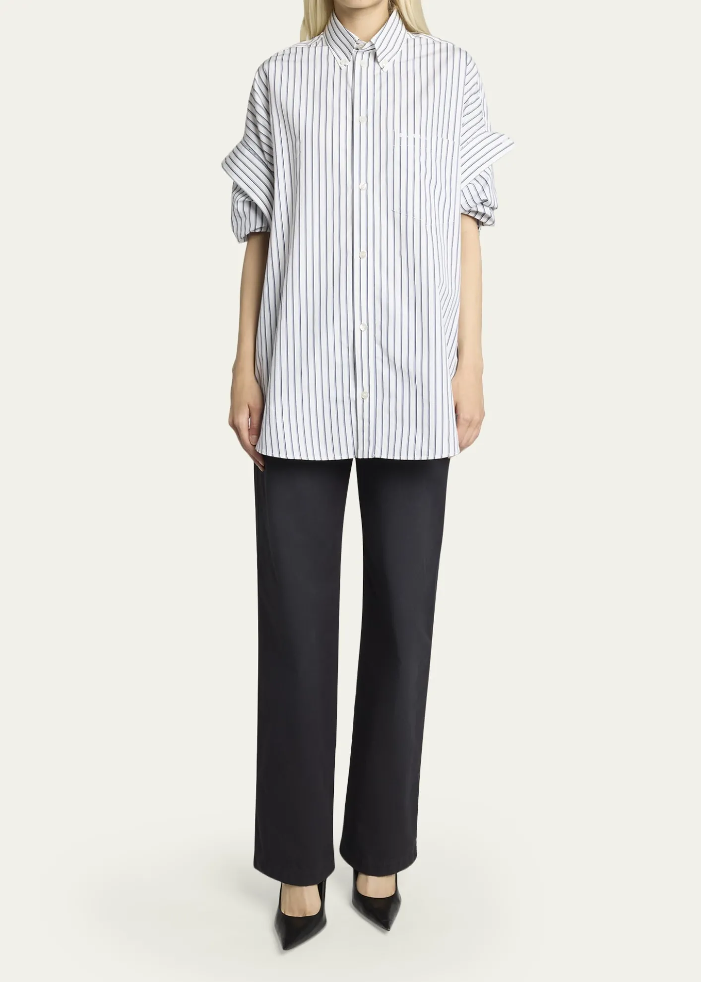 BalenciagaTucked-Sleeve Striped Poplin Shirt