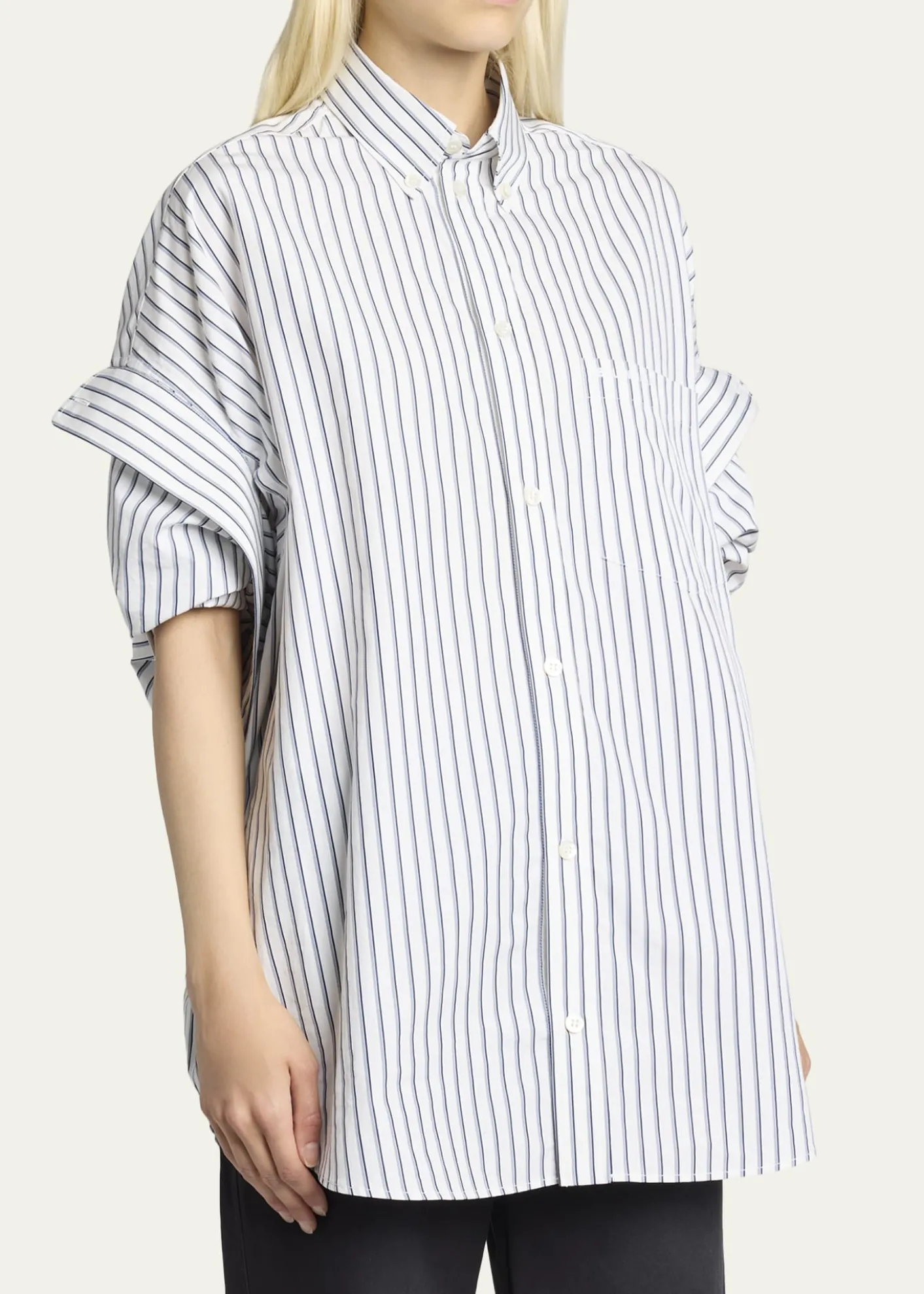BalenciagaTucked-Sleeve Striped Poplin Shirt
