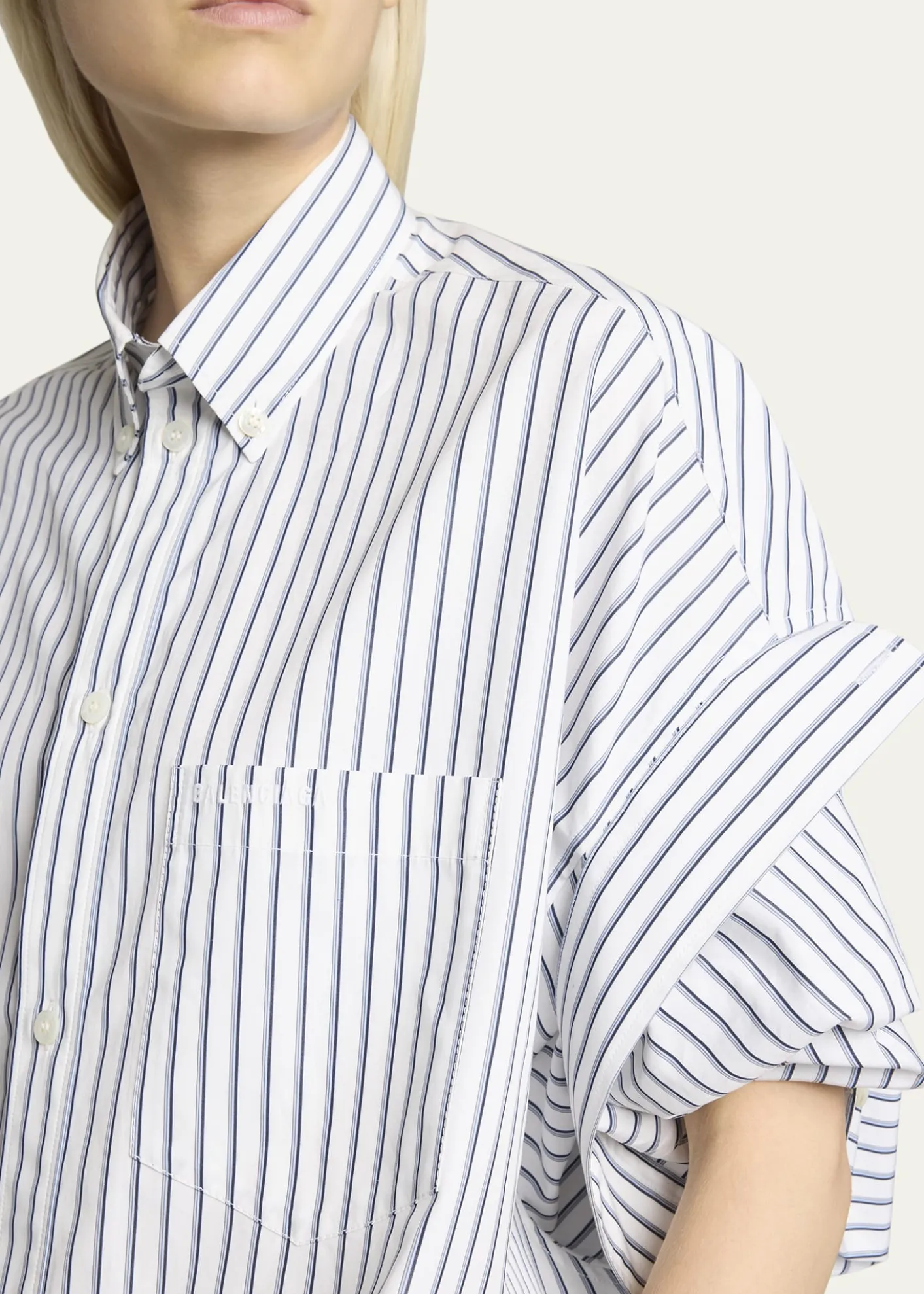 BalenciagaTucked-Sleeve Striped Poplin Shirt