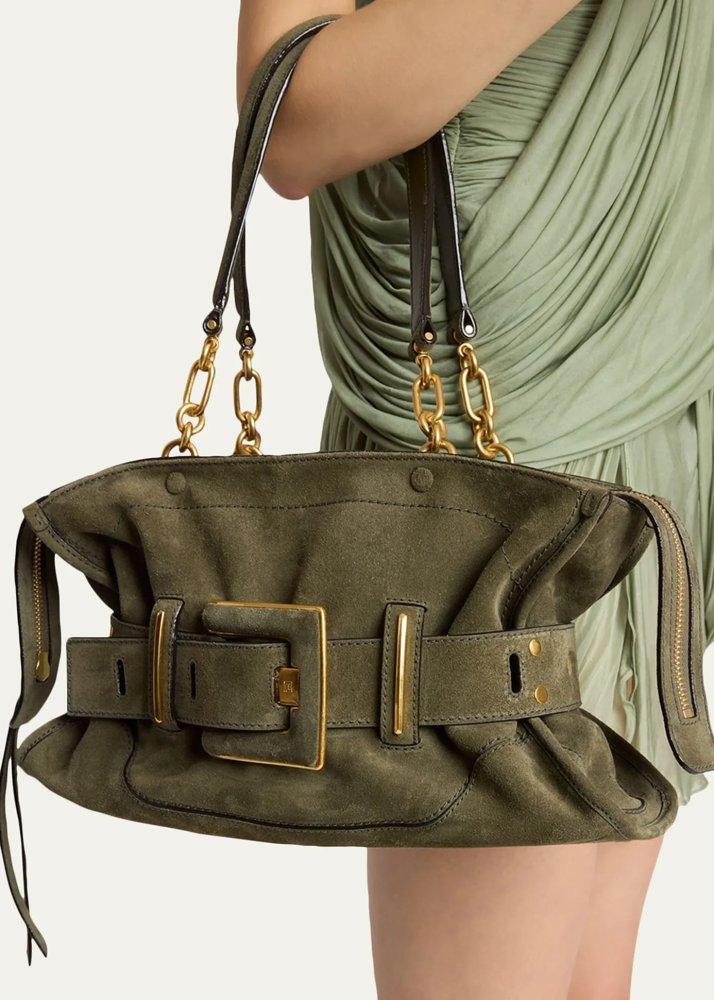 BalmainAnthem Belted Shoulder Bag in Suede