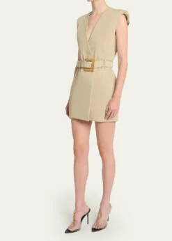 BalmainBelted Gabardine Sleeveless Mini Dress