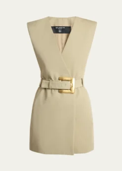 BalmainBelted Gabardine Sleeveless Mini Dress