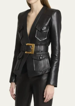 BalmainBelted Leather Fitted Jacket