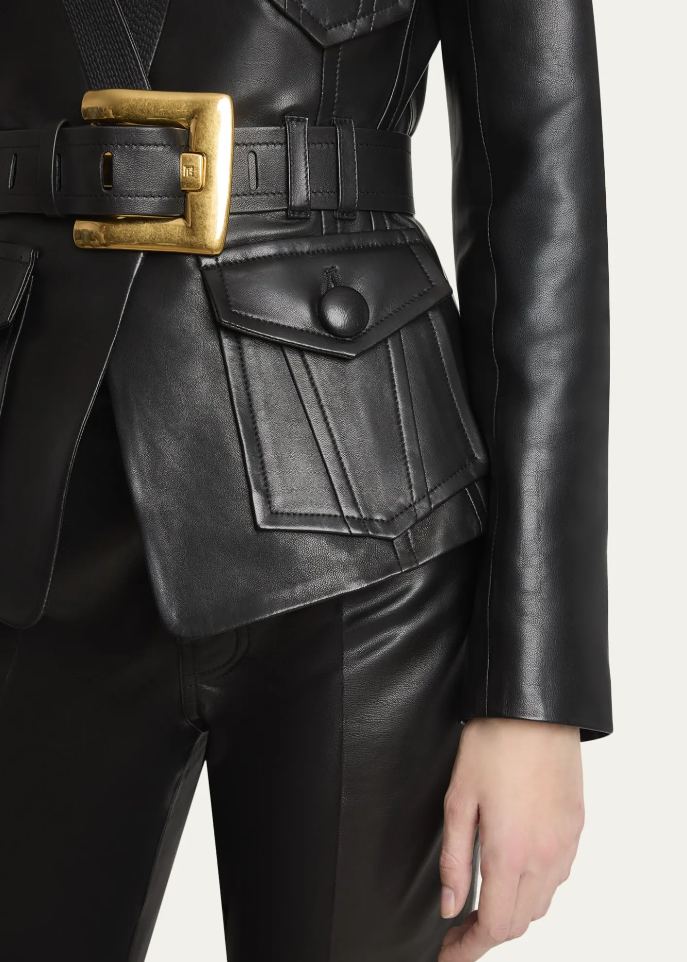 BalmainBelted Leather Fitted Jacket