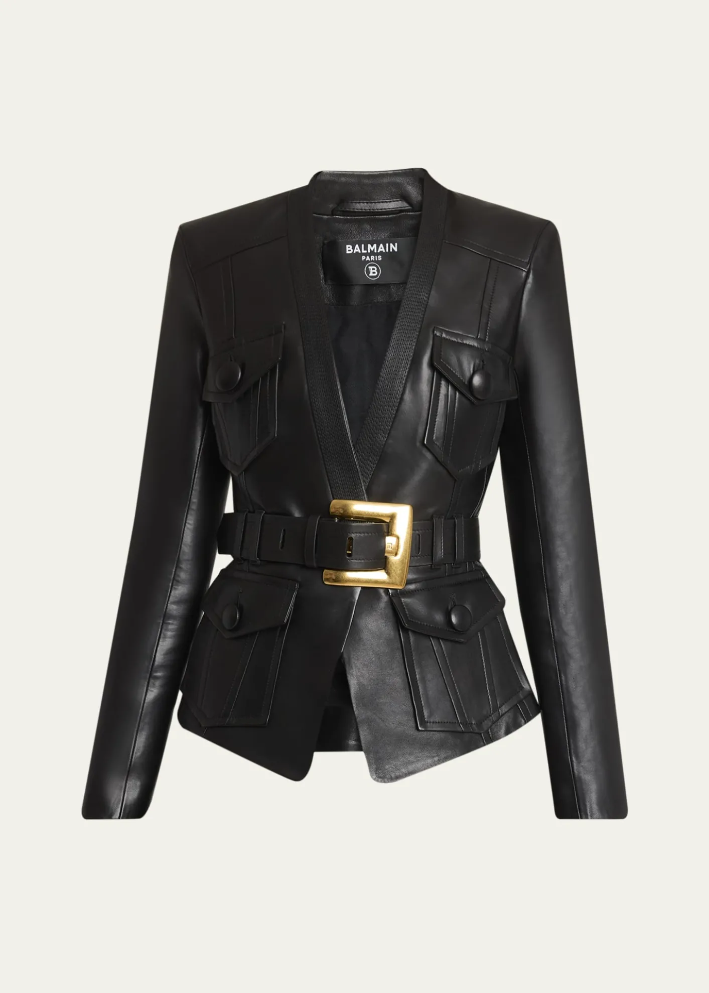 BalmainBelted Leather Fitted Jacket