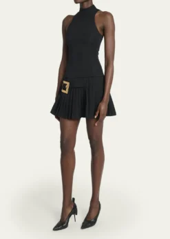 BalmainBelted Pleated Halter Mini Dress