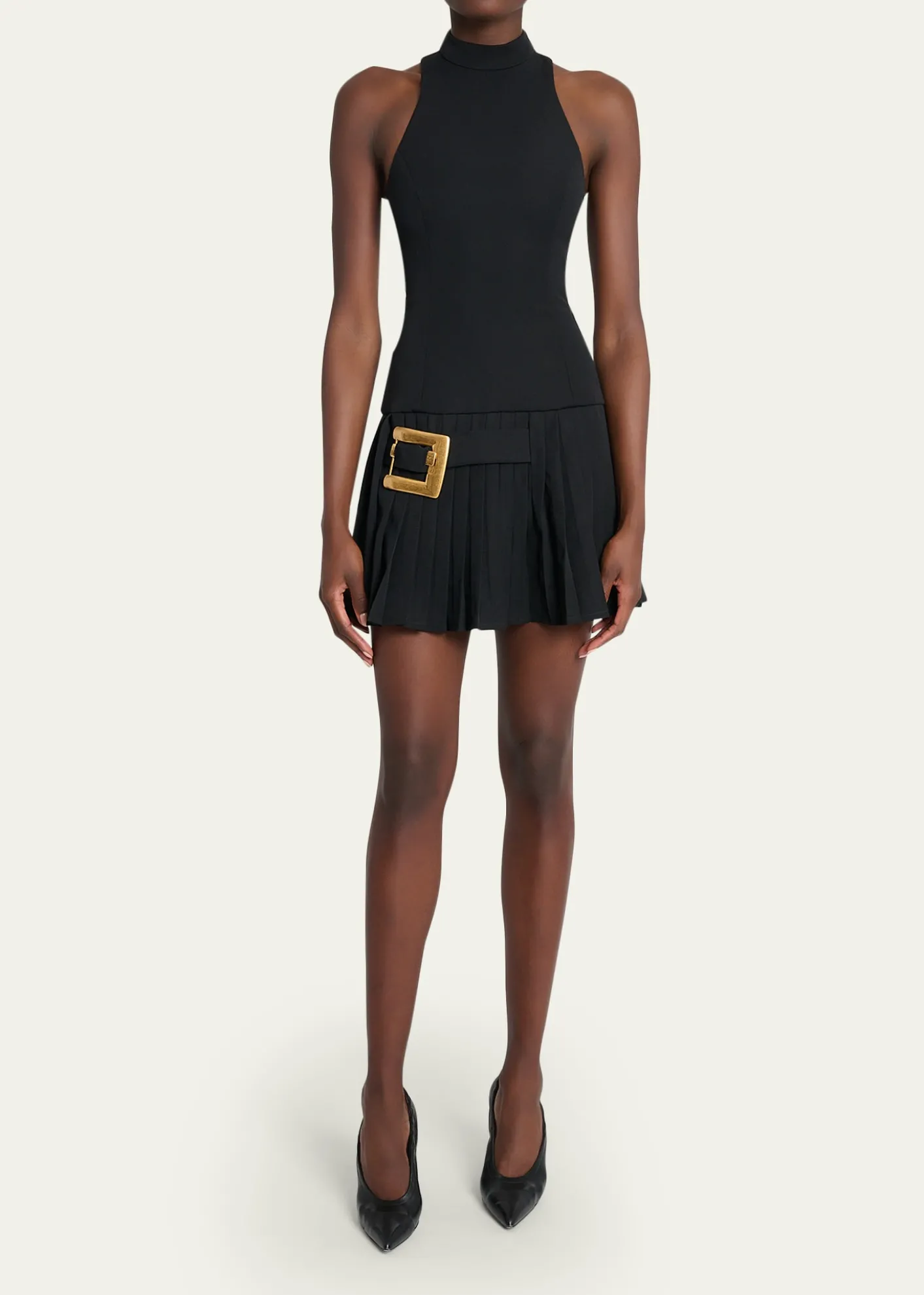 BalmainBelted Pleated Halter Mini Dress