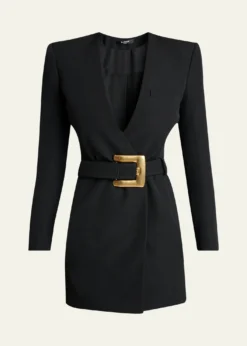 BalmainBelted Strong-Shoulder Long-Sleeve Mini Dress