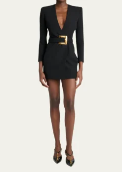 BalmainBelted Strong-Shoulder Long-Sleeve Mini Dress