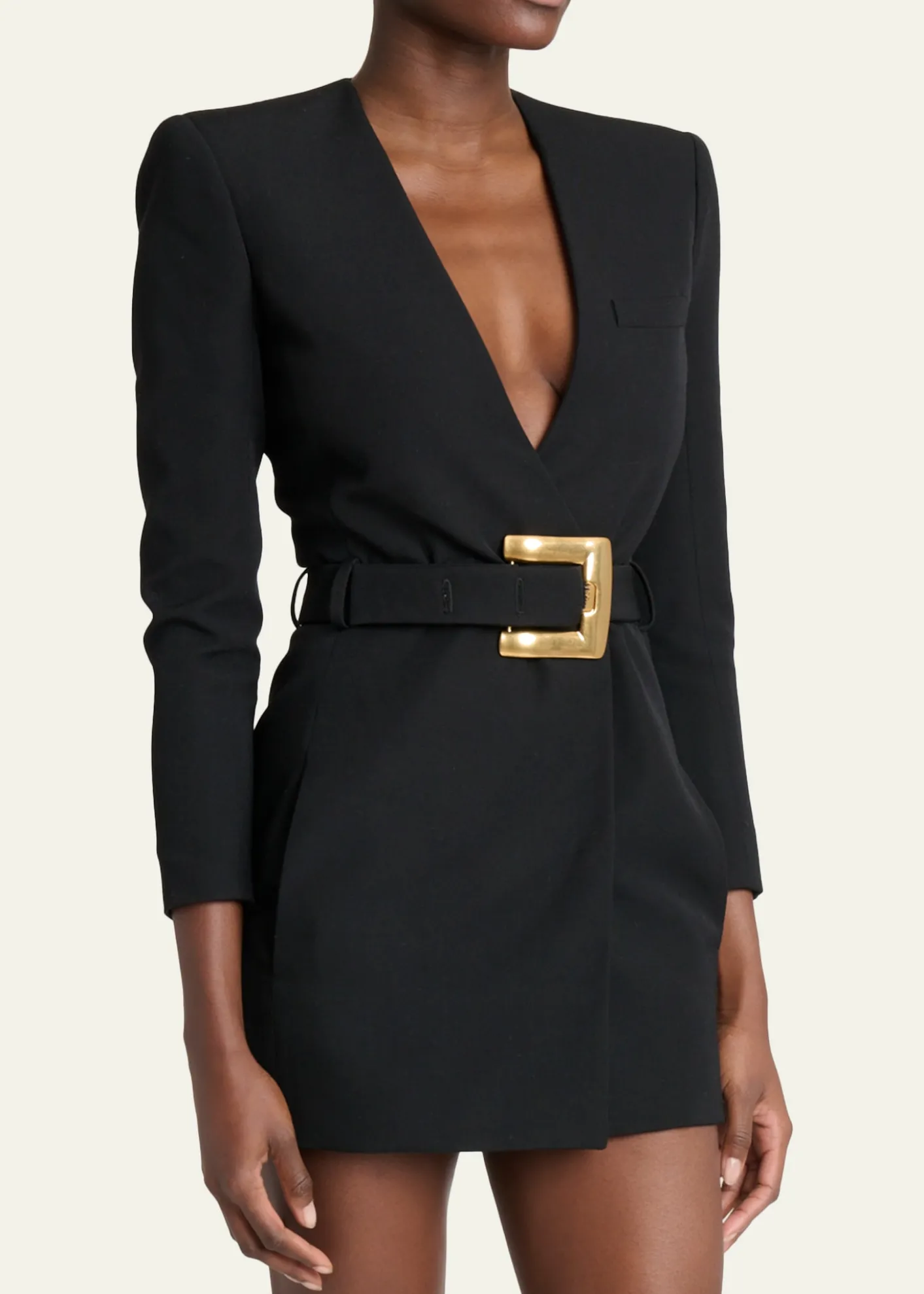 BalmainBelted Strong-Shoulder Long-Sleeve Mini Dress