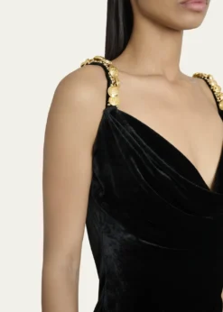 BalmainButton Cowl-Neck Velvet Slit Maxi Dress