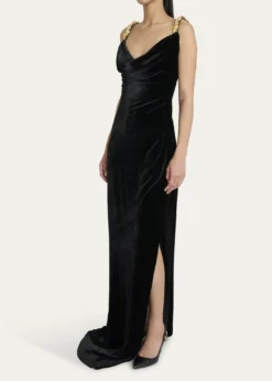 BalmainButton Cowl-Neck Velvet Slit Maxi Dress
