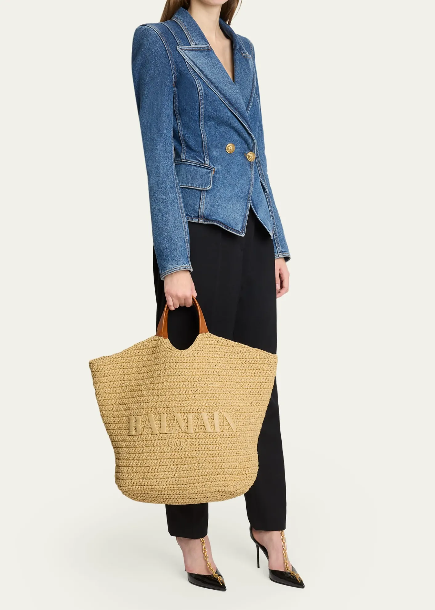 BalmainCabas Large Faux Raffia Tote Bag