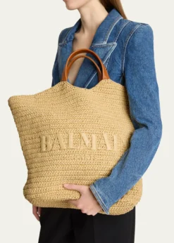 BalmainCabas Large Faux Raffia Tote Bag
