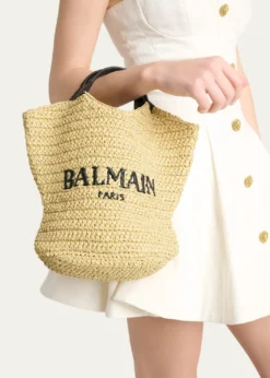 BalmainCabas Mini Faux Raffia Top-Handle Bag