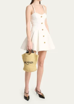 BalmainCabas Mini Faux Raffia Top-Handle Bag