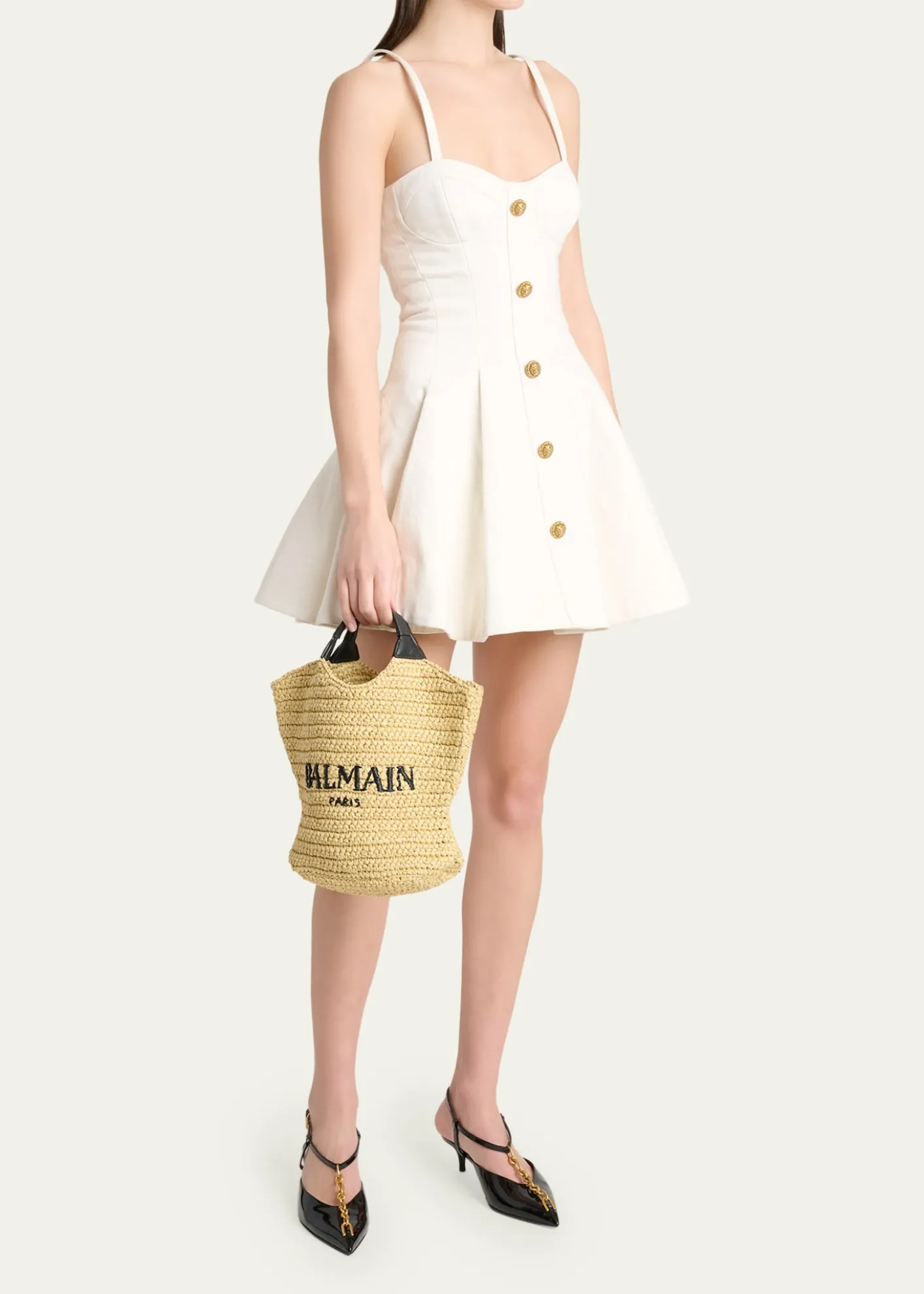 BalmainCabas Mini Faux Raffia Top-Handle Bag