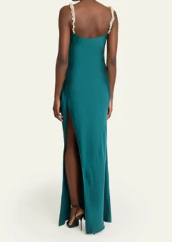 BalmainCowl-Neck Embroidered Strap Silk Column Gown