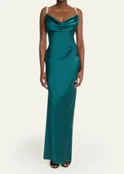 BalmainCowl-Neck Embroidered Strap Silk Column Gown