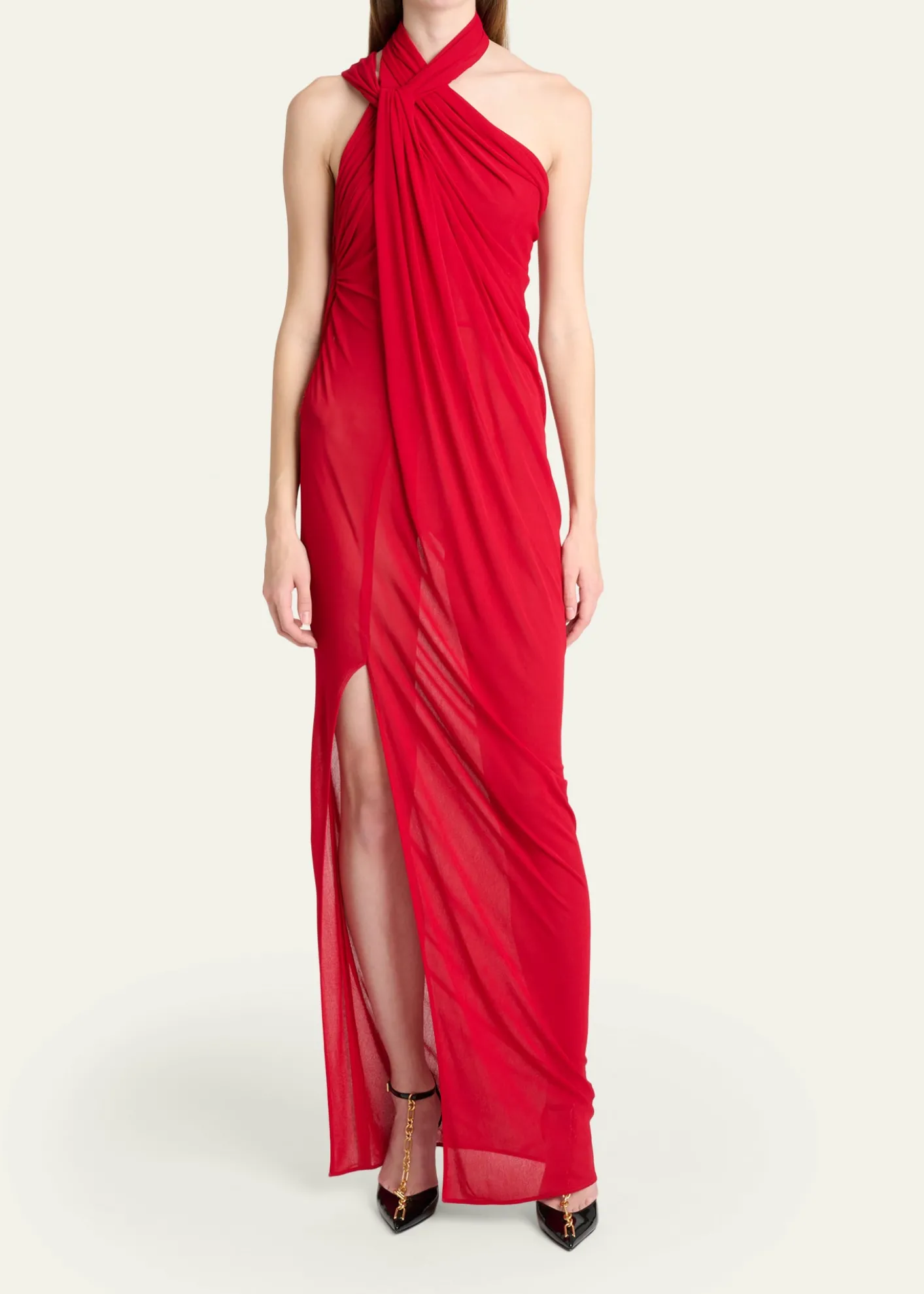 BalmainCross Neck Draped Jersey Gown