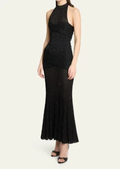 BalmainGlittered Crisscross Semi-Sheer Halter Dress