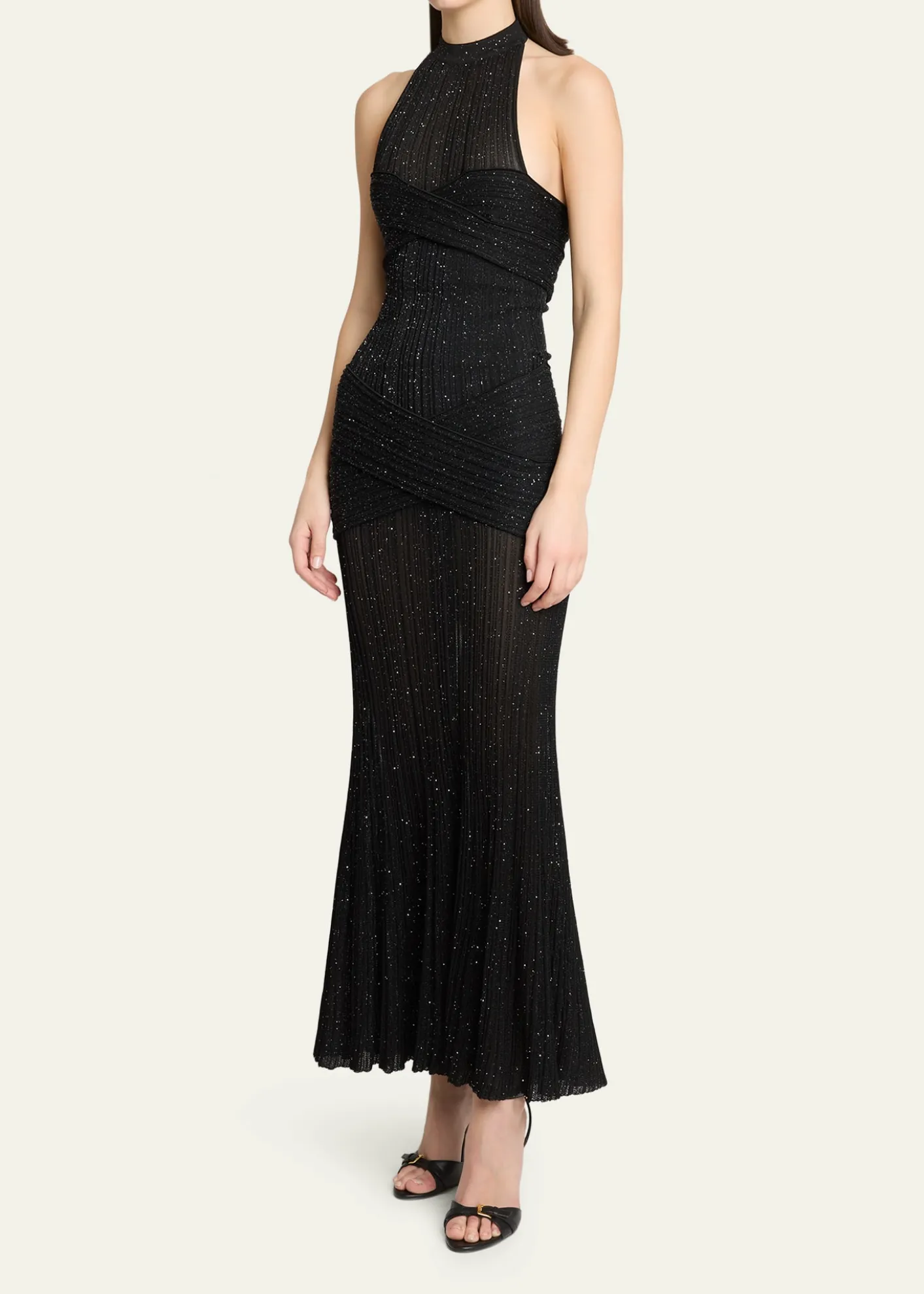 BalmainGlittered Crisscross Semi-Sheer Halter Dress