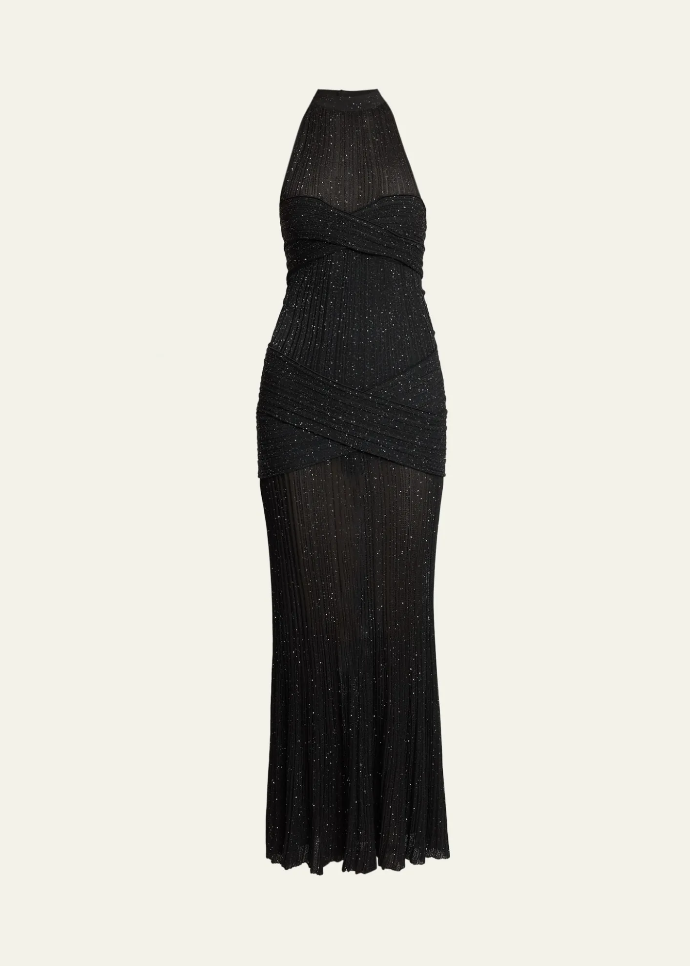 BalmainGlittered Crisscross Semi-Sheer Halter Dress