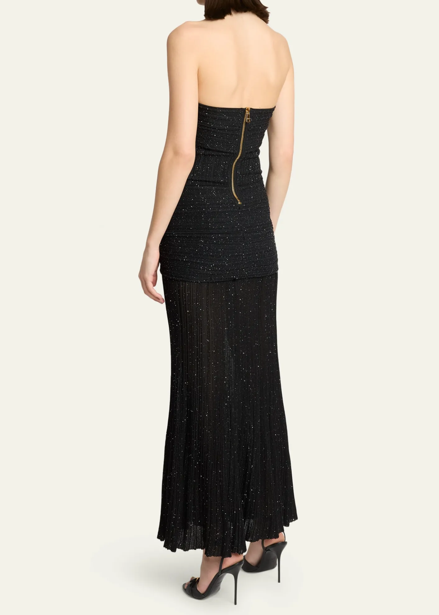 BalmainGlittered Crisscross Semi-Sheer Halter Dress