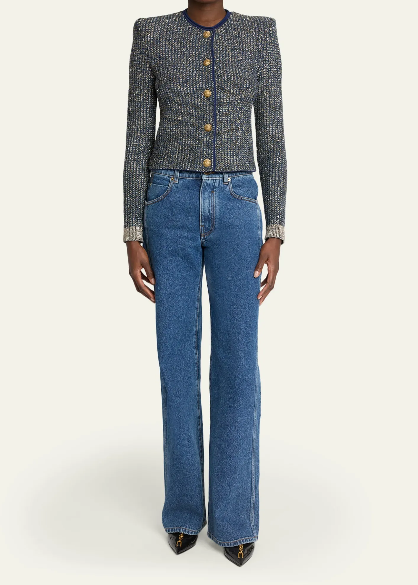 BalmainGlittered Tweed Buttoned Cardigan