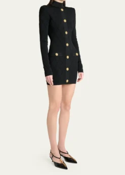BalmainLong-Sleeve Buttoned Knit Mini Dress