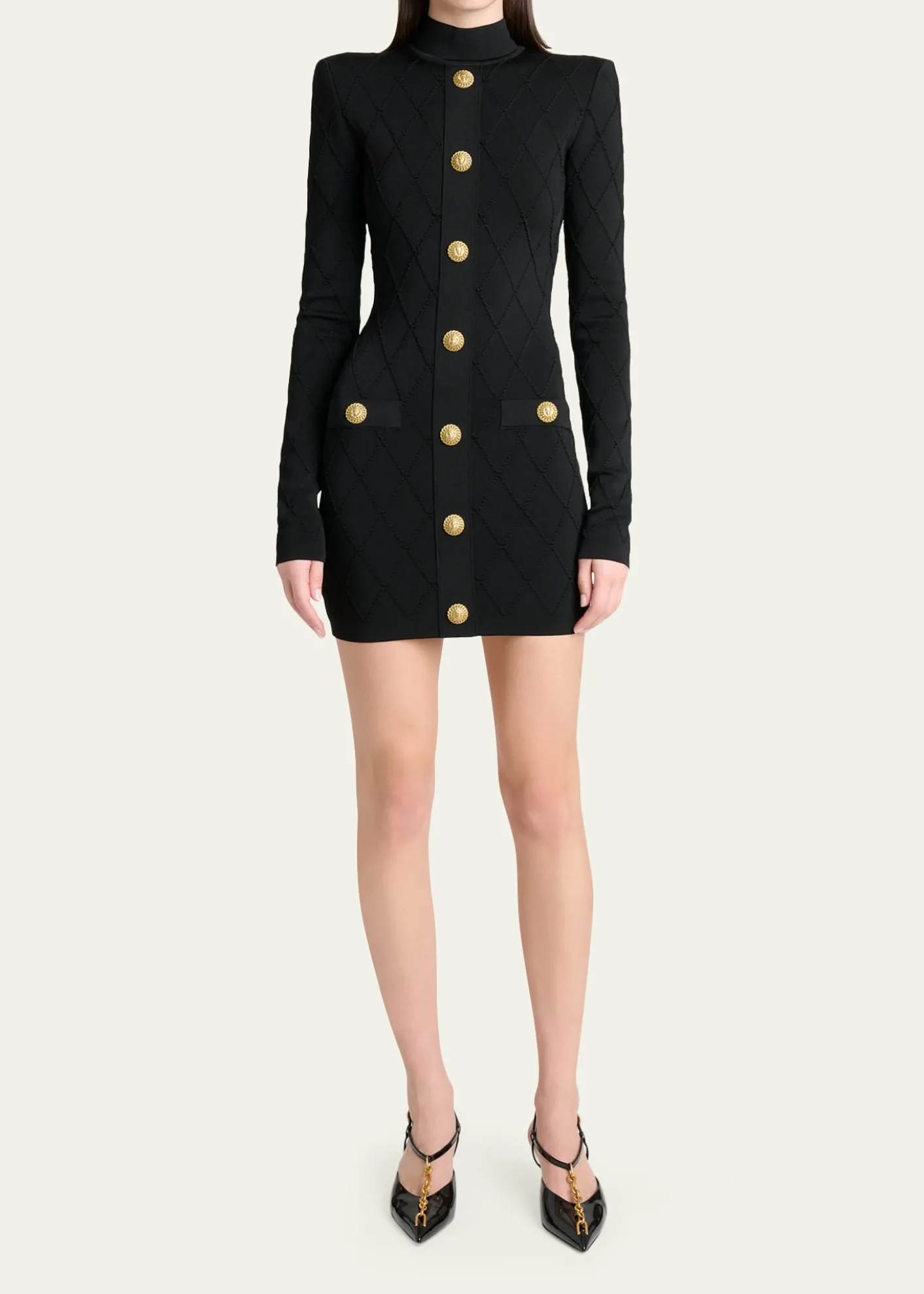 BalmainLong-Sleeve Buttoned Knit Mini Dress