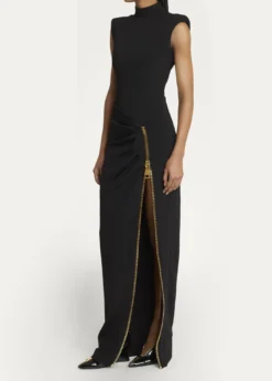 BalmainMock-Neck Zip Slit Sleeveless Gown