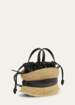BalmainShuffle Mini Top-Handle Bag in Raffia and Calfskin