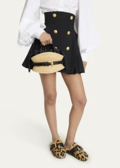BalmainShuffle Mini Top-Handle Bag in Raffia and Calfskin